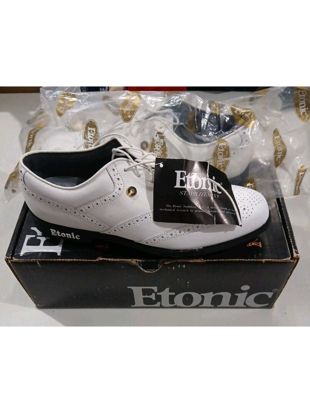 Etonic Stabilites Golf Shoes Mens 9.5N White Black Leather Waterproof Spikes